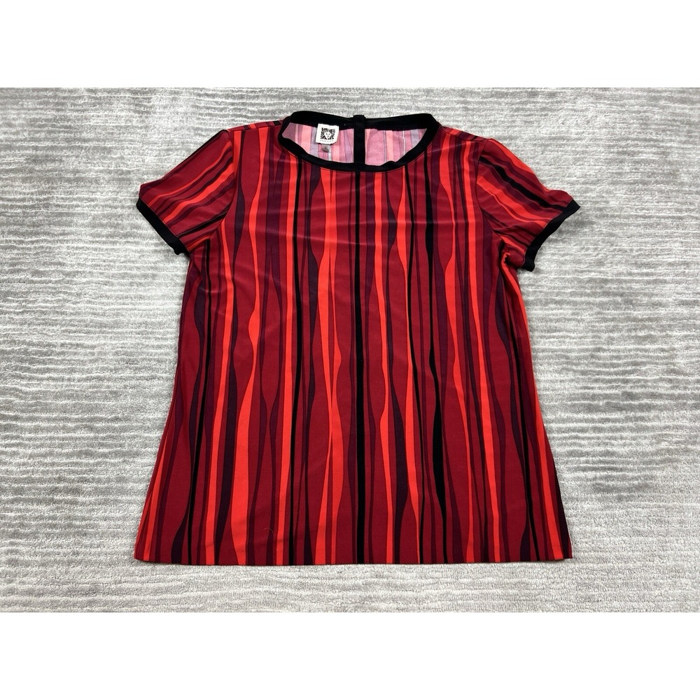 Anne Klein Blouse Womens Medium Red Wavy Stripe Short Sleeve Back Button Top